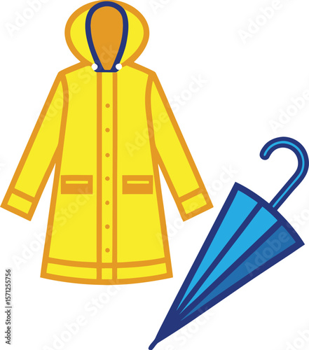 Yellow hooded raincoat and blue umbrella vector