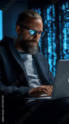 Focused man working on laptop at night