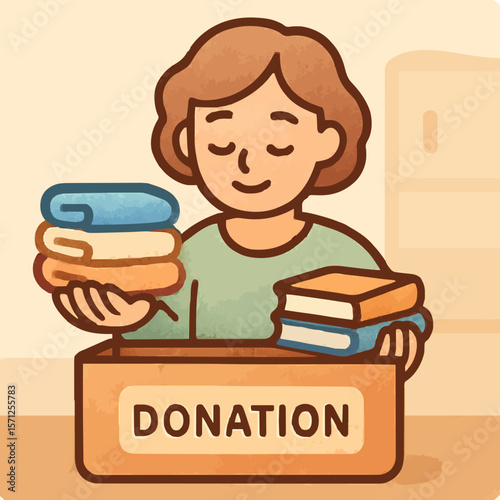 Cartoon woman packing clothes and books into a donation box, symbolizing charity, generosity, and decluttering. Perfect for community service, donation drive, and sustainable living themes.