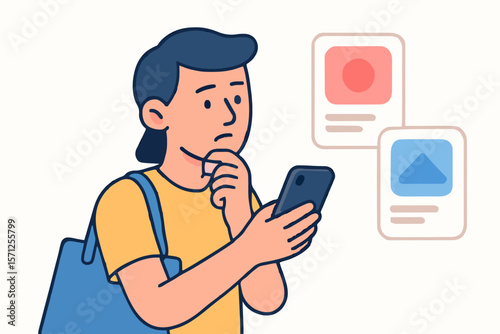 Cartoon woman using a smartphone with product images, symbolizing online shopping, decision-making, and e-commerce browsing. Ideal for retail, mobile shopping, and consumer choice themes.