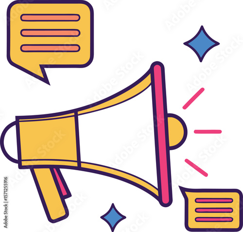 Yellow megaphone with speech bubbles and blue stars communication announcement