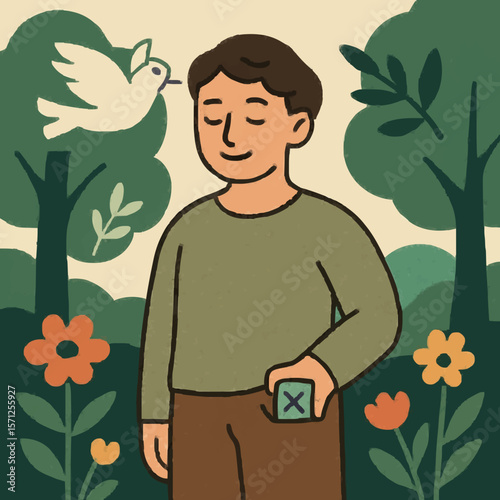Cartoon man standing in a forest with a dove and flowers, holding a phone with an "X" icon, symbolizing peace, nature, and digital detox. Perfect for mindfulness, environmental harmony, and unplugging