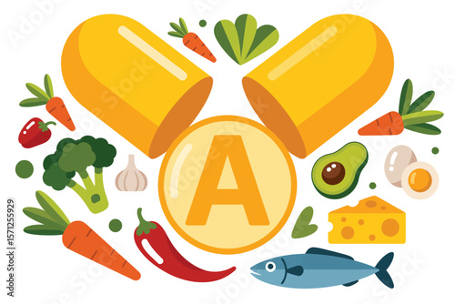 Vitamin a capsule surrounded by healthy foods rich in vitamin a