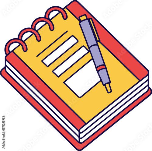Yellow notebook with red cover and purple pen writing paper
