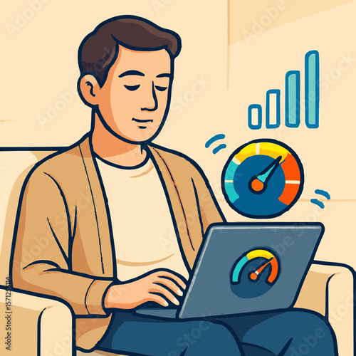 Cartoon man working on a laptop with speedometer and signal icons, symbolizing fast internet, technology, and productivity. Perfect for network speed, digital work, and tech performance concepts.