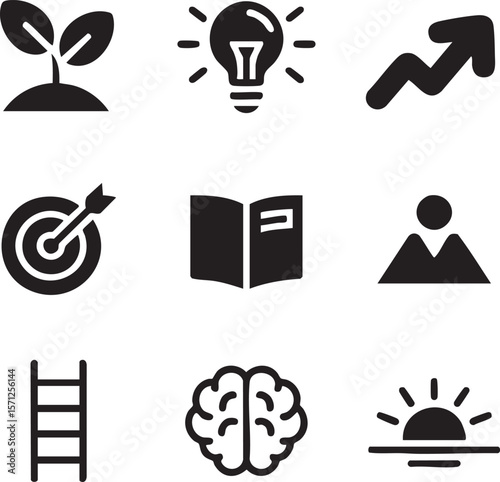 Business and personal growth conceptual black icons vector icon set featuring ideas and development