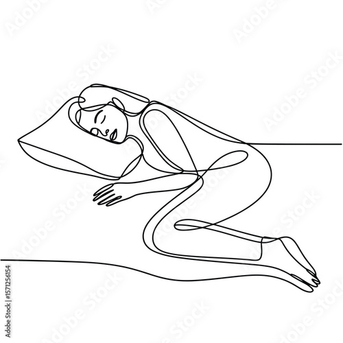 Minimalist continuous line drawing of a woman sleeping peacefully on a pillow