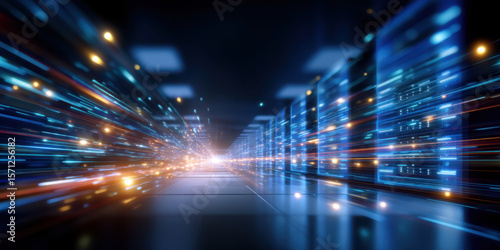 Digital data center with glowing blue server racks and fast light trails creating futuristic and dynamic atmosphere