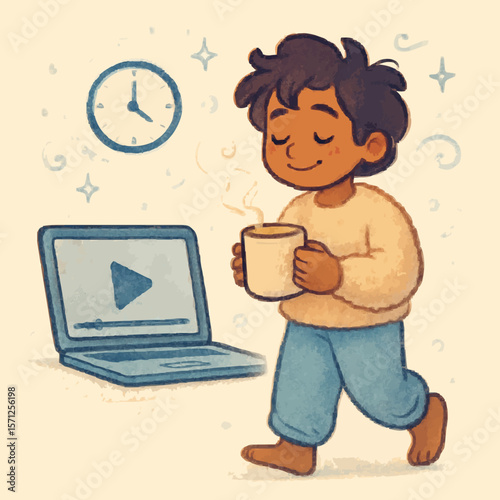 Cartoon child enjoying a warm drink with a laptop showing a video, surrounded by a clock, symbolizing relaxation, online learning, and cozy moments. Ideal for education, leisure, and digital lifestyle