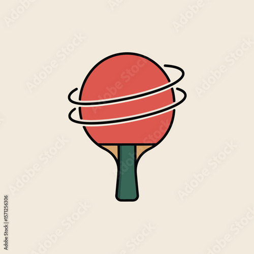 Stylized ping pong paddle with orbiting rings on a neutral background