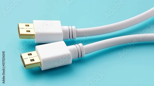 White HDMI cable with gold plated connector blue background, high speed digital video and audio transmission, modern technology accessory, clean minimal style, suitable for white HDMI cable connector