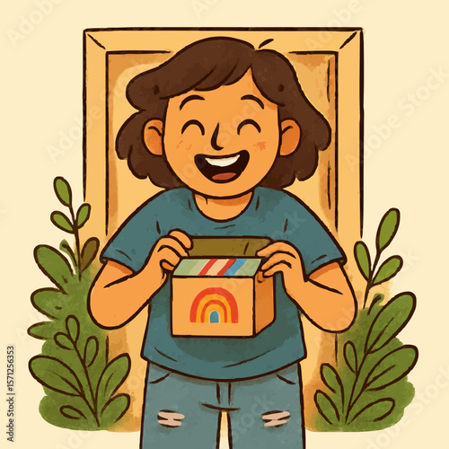Cartoon child happily opening a rainbow-colored gift box, surrounded by plants, symbolizing joy, surprise, and childhood wonder. Ideal for celebration, gift-giving, and festive occasion themes.
