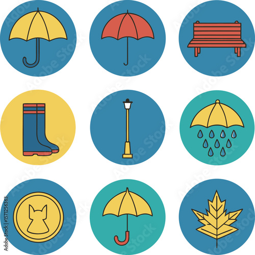 Yellow umbrella red umbrella park bench blue boots street lamp raining umbrellas gold coin yellow leaf