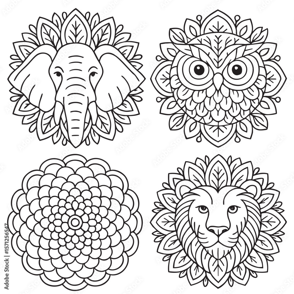 Obraz premium Intricate mandala designs featuring lion, elephant, owl and floral pattern. Great for mindful coloring. 