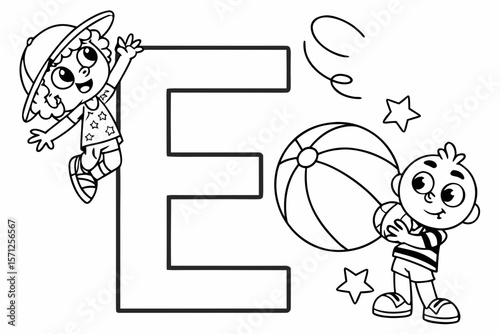 Vector line art of the alphabet E with fun cartoon characters, black and white, designed for coloring page use, easy for preschool kids