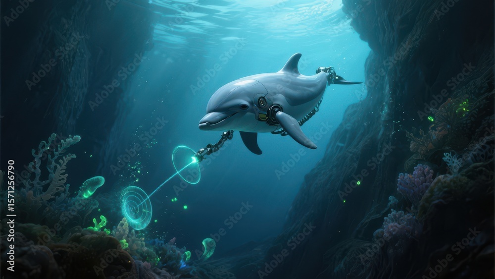 Obraz premium A futuristic dolphin equipped with robotic arms explores an underwater cave, interacting with holographic technology amidst marine life.