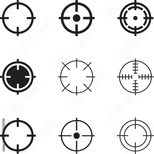 Collection of target icon set for aiming and precision in black and white illustration styles for graphic design projects
