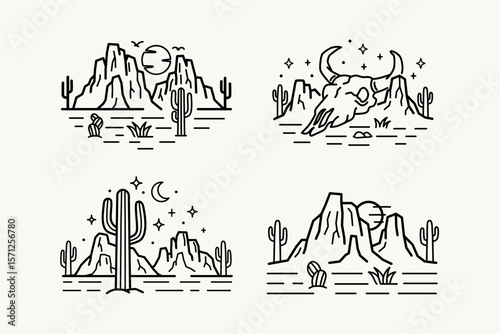 Minimal desert landscape vector set with cacti, mountains, sun, moon, and animal skulls in a line art style. Perfect for t-shirt prints, posters, outdoor-themed branding, and retro designs.