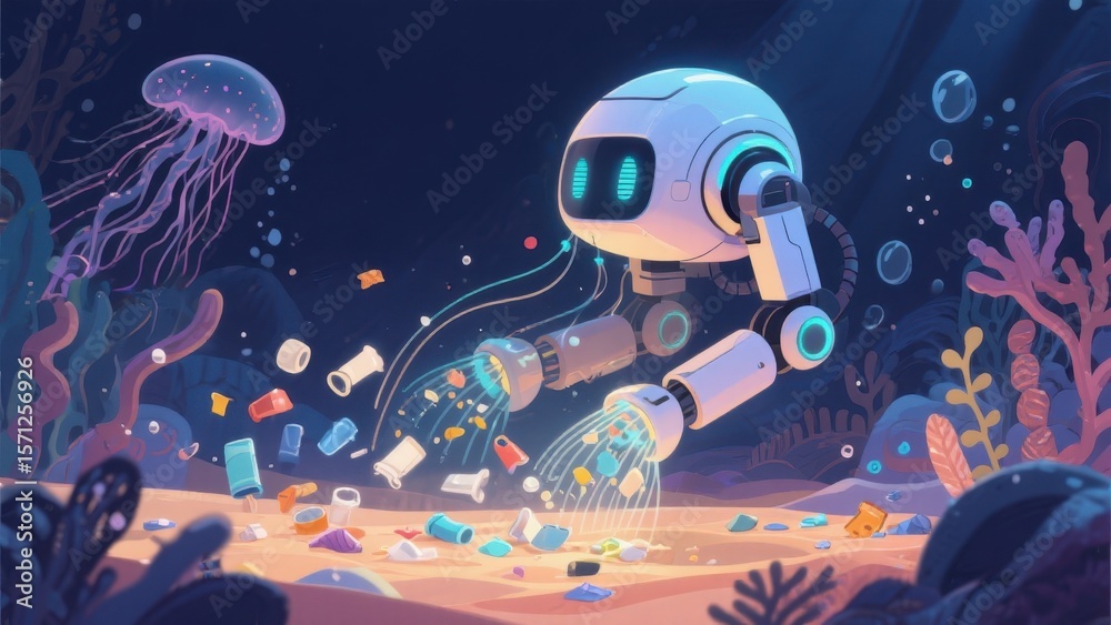 A robot underwater collects plastic waste from the ocean floor, highlighting marine pollution and environmental cleanup efforts. A robot underwater collects plastic waste from the ocean floor, highlighting marine pollution and environmental cleanup efforts.