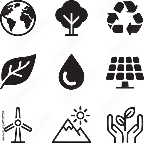 Environmental conservation and sustainability related black icon set depicting renewable energy sources and ecological awareness promoting green living