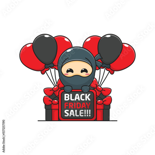cute ninja happy in black friday sale cartoon vector illustration