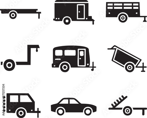 Diverse vehicle trailer and car icon set collection representing transportation and hauling solutions black silhouettes