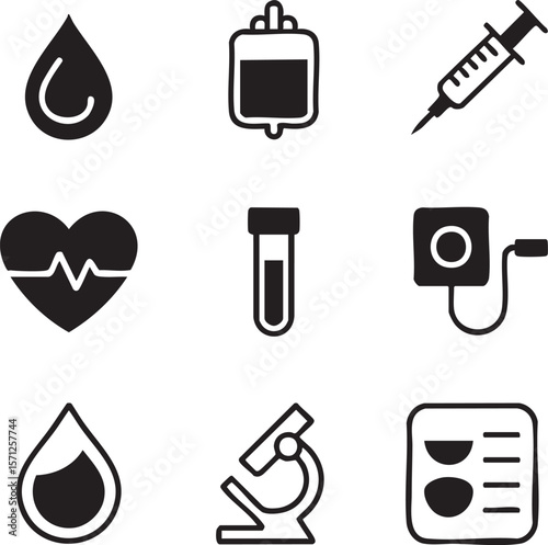 Medical and healthcare vector icon set depicting blood sample heart rate monitoring microscope syringe and intravenous therapy treatment black and white