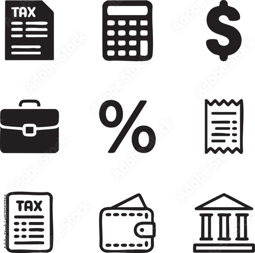 Finance and business doodle style icon set with tax form calculator wallet and percentage symbol
