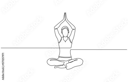 Woman practicing yoga one continuous line art. Girl sitting in lotus pose, single line of woman sitting yoga isolated on white background, Person sitting in lotus.