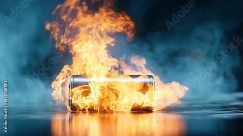 Burning battery fire danger energy technology accident emergency hot hazardous power and smoke, lithium battery fire emits bright flames and smoke symbolizing risk and safety concerns, smartphone