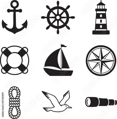 Nautical icon set featuring anchor ship wheel lighthouse sailboat compass spyglass lifebuoy and seagull silhouettes
