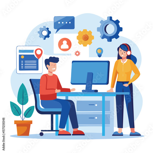 Collaborative office environment with customer support and modern technology illustration