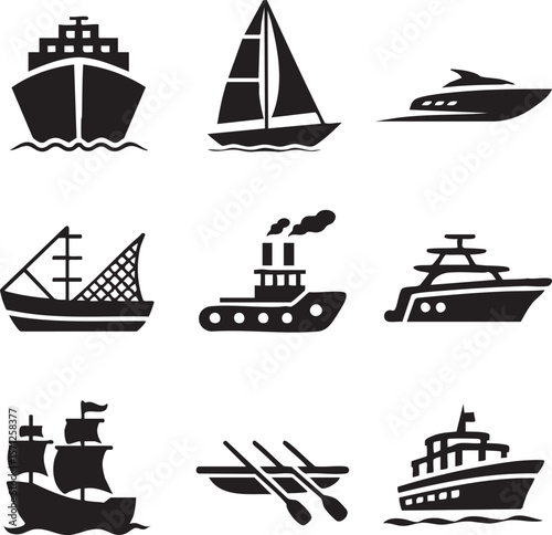 Nautical vessels black and white icon set featuring sailboats,cruise ships,fishing boats and motorboats,vector illustration for nautical design