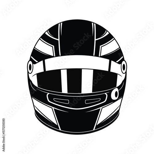 Stylized black and white illustration of a racing helmet front view