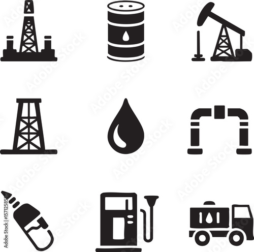 Oil and gas industry vector icon set depicting petroleum production transportation and refining processes in simple graphic style