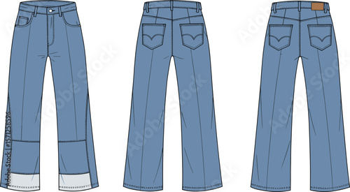 Fashion technical sketch, wide leg denim jeans, front and back view, patch pockets, cuffed hem, topstitching details.