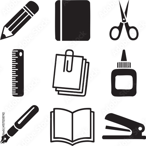 School and office supplies icon set black and white illustration vector education stationery tools including book notes ruler pencil pen stapler glue and scissors