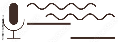 Microphone emitting wavy lines symbolizing sound waves, paired with horizontal lines indicating recording or signal processing. Ideal for audio production, communication, podcasting, media