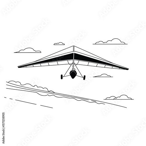 Black and white illustration of a hang glider soaring through the sky above a landscape