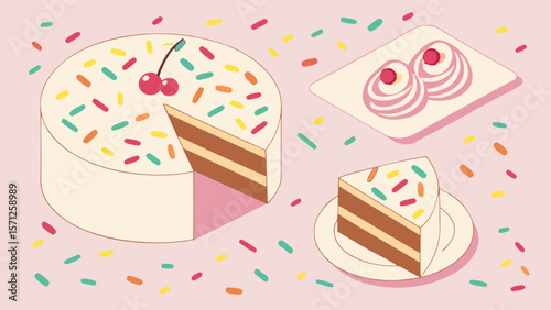 Delicious cake with sprinkles and cherry on top dessert sweets bakery pastry food celebration party 3d isometric