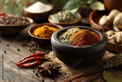 Fototapeta Naklejka Na Ścianę i Meble -  Diverse Thai and Indian spices along with natural herbs enhance health food in a bowl and spoon on a rustic table featuring empty space for text