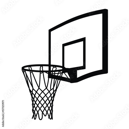 Black silhouette of a basketball hoop and net against a white background