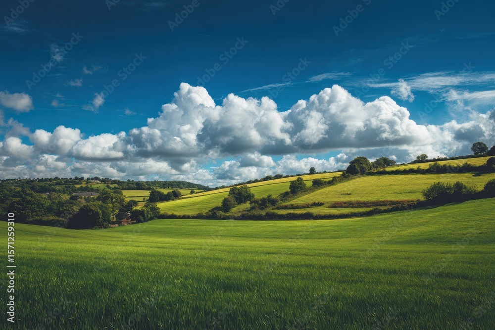 Obraz premium Lush fields under a bright blue sky