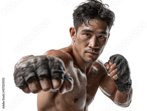 Asian male boxer executes powerful jab strong stance