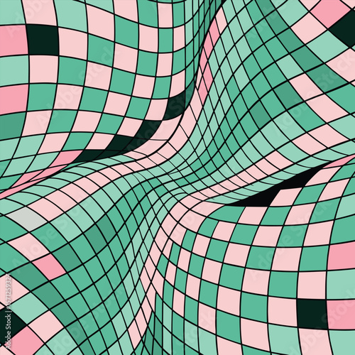 Abstract and colorful design showcasing a distorted pattern of warped grids with shades of pink green and black for backgrounds.