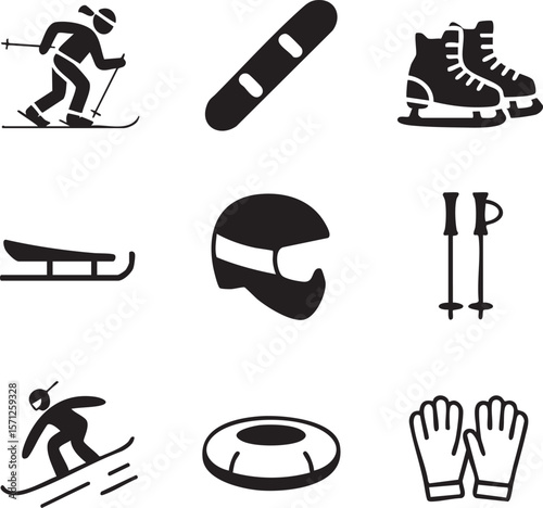Winter sports activities and equipment icon set featuring skiing snowboarding ice skating and sledding activities
