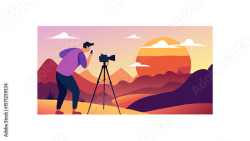 Landscape photography with camera and tripod at sunset scenic view professional photographer taking photos 100