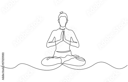 Woman practicing yoga one continuous line art. Girl sitting in lotus pose, single line of woman sitting yoga isolated on white background, Person sitting in lotus.