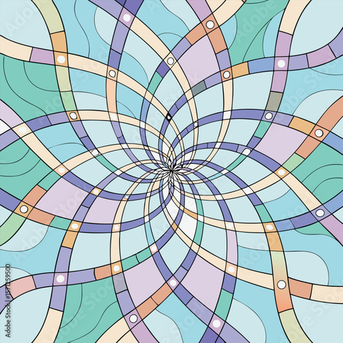 Abstract colorful stained glass design with a flower like radial pattern constructed from warped grids and intersecting lines.