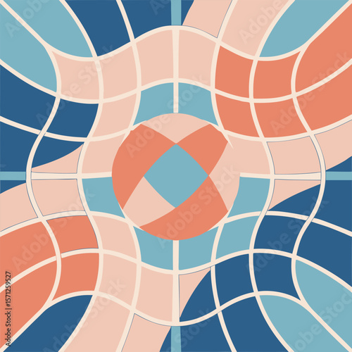 Abstract composition featuring an organic design with overlapping shapes in shades of blue peach and cream within a pattern of warped grids.